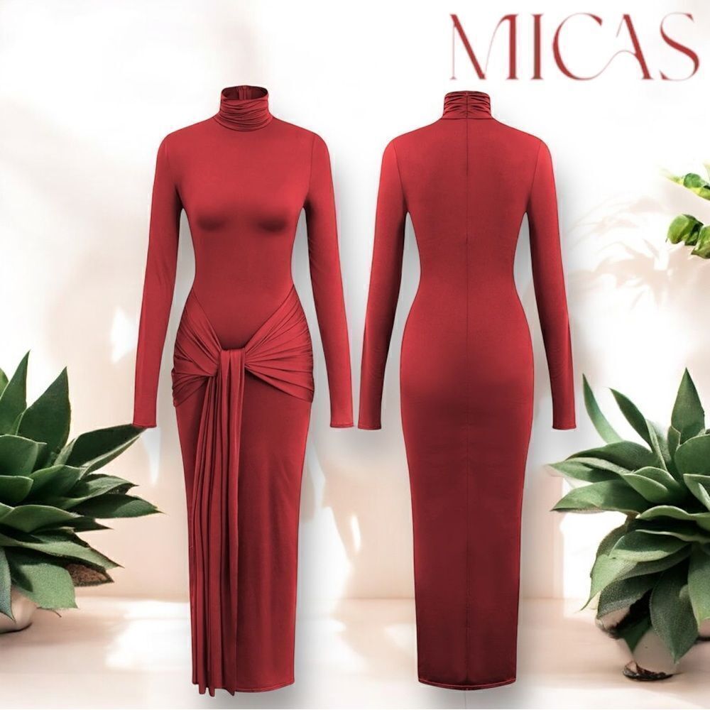 MICAS Women’s Wrap Ruched High Neck Long Sleeve Maxi Dress in the Size Large Red